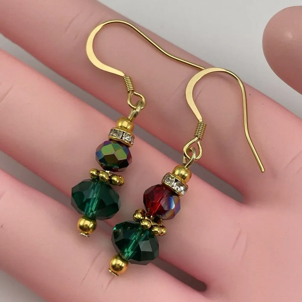 18K Gold Plated Teal Green Red AB Glass Beaded Dangle Earrings Dainty Unique